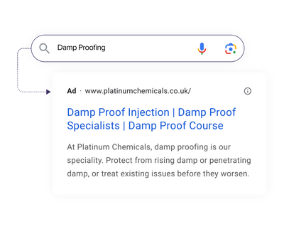 A Damp Proofing google search and a Platinum Chemicals Google ad result.