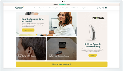 The top hero tiles panel on the Wholesale Hearing website.