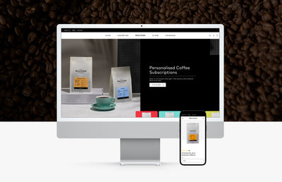 The Machina Coffee Roasters website on an Apple Mac and iPhone.