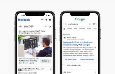 Two iPhones, one displaying a Meta ad and one displaying a Google search ad.