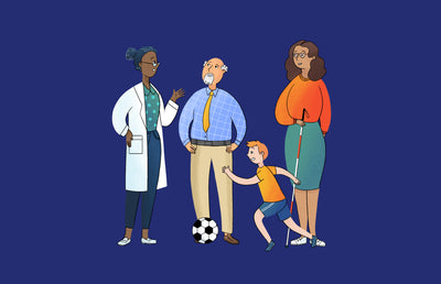 A graphic of a family talking to a doctor.