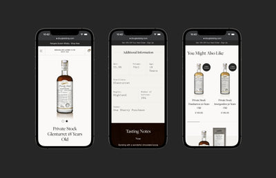 Three iPhones each with a different screenshot of the Douglas Laing mobile website.