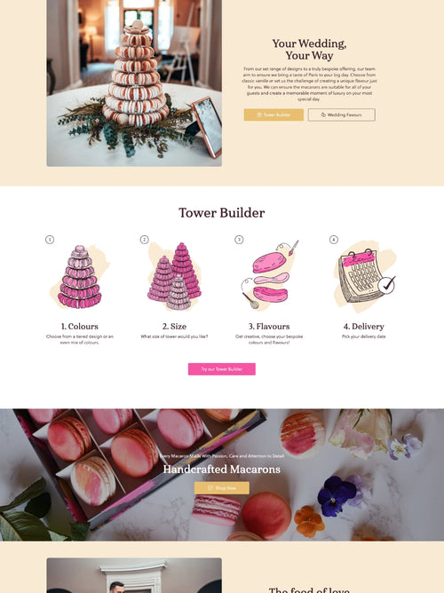 A Macaron Tower process panel on the Mademoiselle Macaron website.