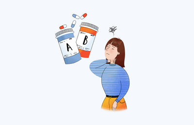 A graphic of a woman staring at two pill bottles.