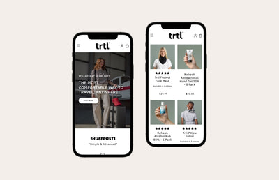A home and collection page on the TRTL travel website on 2 iPhones.