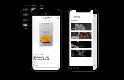 Two iPhones. One on the left showing a Machina coffee product page and another iPhone on the right showing the mobile navigation menu.