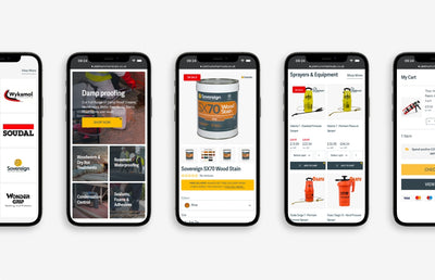 A row of iPhones showcasing the mobile website of Platinum Building Chemicals.