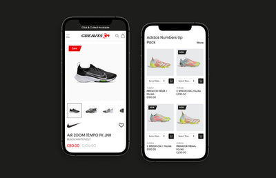 The Greaves Sports mobile website on an iphone.