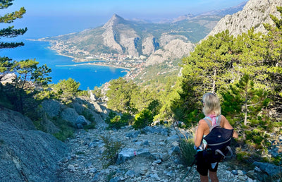 A traveller walking overlooking a town by the ocean.
