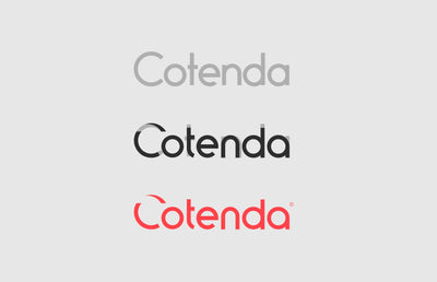 Three versions of the Cotenda logo in grey, black and red.