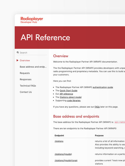 The Radioplayer API reference overview.
