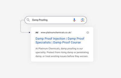Someone Google searching for Damp Proofing on Google and a Platinum Chemicals google ad.