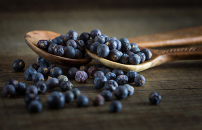 Two wooden spoons with blueberries.