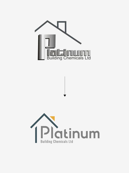 The old and the new Platinum Building Chemicals logos with an arrow in the middle showing the transition.