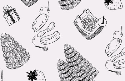 A range of Mademoiselle Macaron icons including a macaron, a macaron tower and an events calendar.