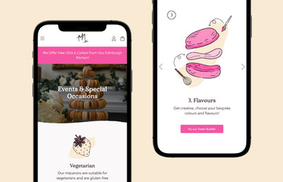 Two iPhones with the Mademoiselle Macaron mobile website.