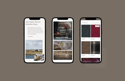 The Harris Tweed mobile website on three iPhones side by side.