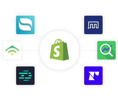 Shopify logo surrounded by logos for various shopify apps.