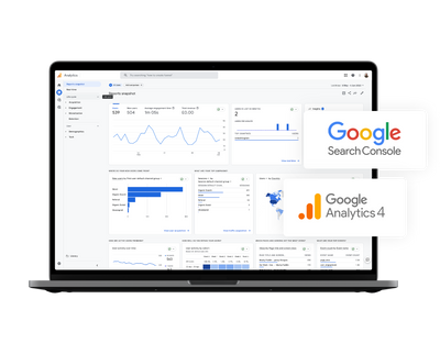 A Macbook displaying GA4 graphics and the GA4 dashboard.