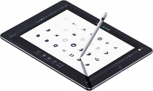 An iPad with different logos and an apple pencil.