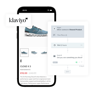 A browse abandonment flow logic in Klaviyo beside a Greaves sports product page.