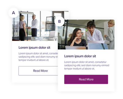 Two versions of a text and image panel on a website where one has a purple button and the other is the button outline.