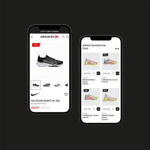 The Greaves Sports mobile website product and collection page.