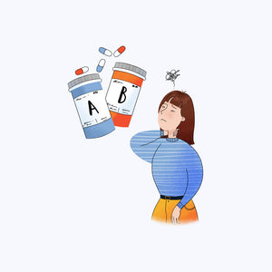 An illustration of a woman looking at two pill bottles.