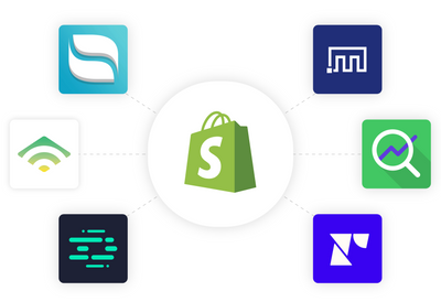 A Shopify logo surrounded by other Shopify app logos.