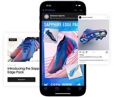 Greaves sports mobile website with graphics of Instagram and a product tile.