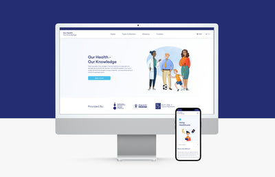A Mac and an iPhone with screenshots of the 'Our Health Our Knowledge' website.