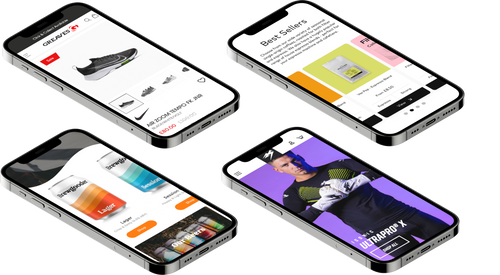 4 mobile websites displayed on 4 iphones.